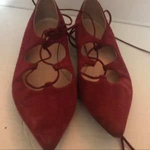 UNÜTZER red burgundy suede lace up flats size 38.5